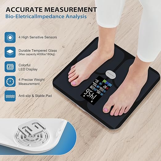 ABLEGRID Body Fat Scale,Digital Smart Bathroom Scale for Body Weight, Large Color Display Screen, 16 Body Composition Metrics BMI, Water Weigh, Heart Rate, Baby Mode, 400lb, Rechargeable