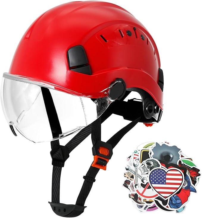 AOLAMEGS Hard Hats Construction OSHA Approved - ANSI Z89.1 Red Safety Hardhats, High Impact ABS Hardhat, Adjustable Vented Construction Worker Hat with Clear Visor, Cascos de Construccion