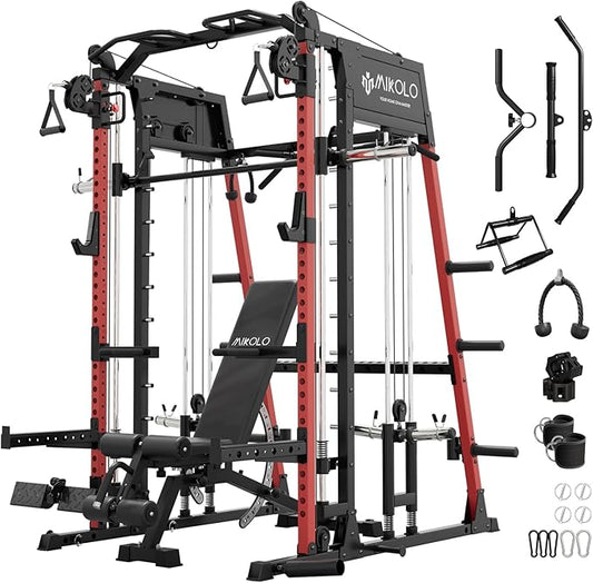 Mikolo Smith Machine, 2200lbs Squat Rack with LAT-Pull Down System & Cable Crossover Machine, Training Equipment with Leg Hold-Down Attachment