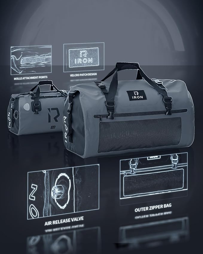 BORLENI Waterproof Motorcycle Dry Duffel Bag Luggage Tail Bag with Large Storage Space,Roll Top Closure, Shoulder Straps, Inner Pocket and Mesh Pocket for Motorcycling Travel Camping (Grey,50L)