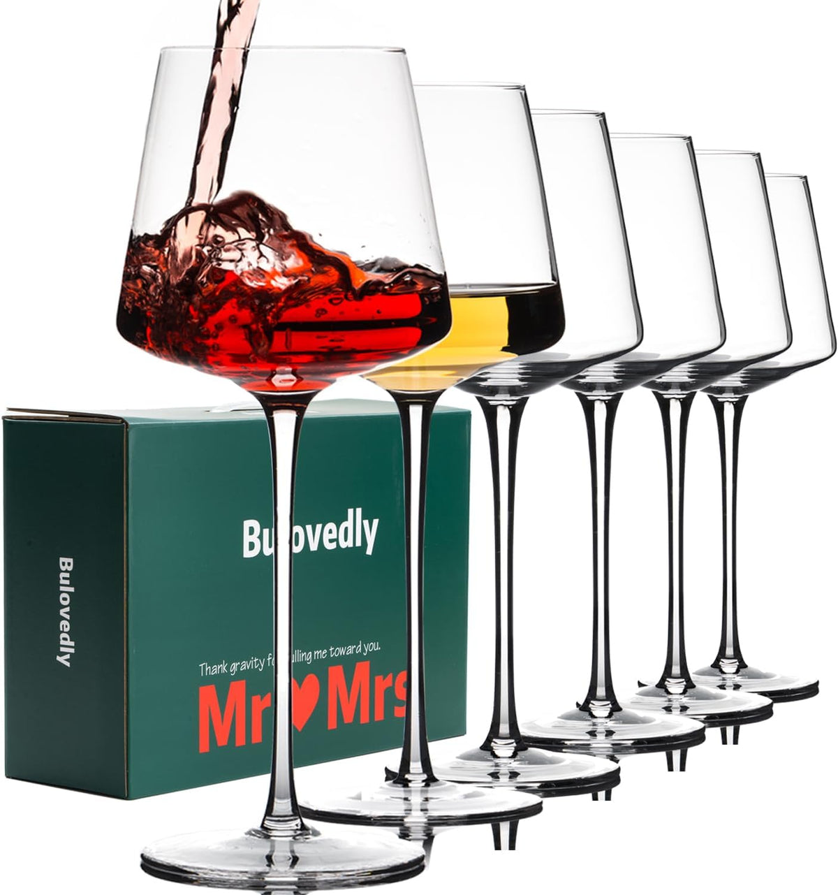 White Red Wine Glasses Set of 6 – 18oz Red Wine Glasses with Tall Long Stem,【Hand Blown】Crystal Wine Glasses- Square Wine Glasses with flat bottom, Wine gifts for Christmas, Wedding, Birthday,
