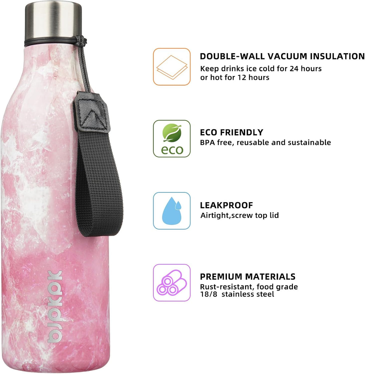 BJPKPK Insulated Water Bottles, 25 oz Stainless Steel Metal Water Bottle with Strap, BPA Free Leak Proof Thermos, Mugs, Flasks, Reusable Water Bottle for Sports & Travel, Blossom