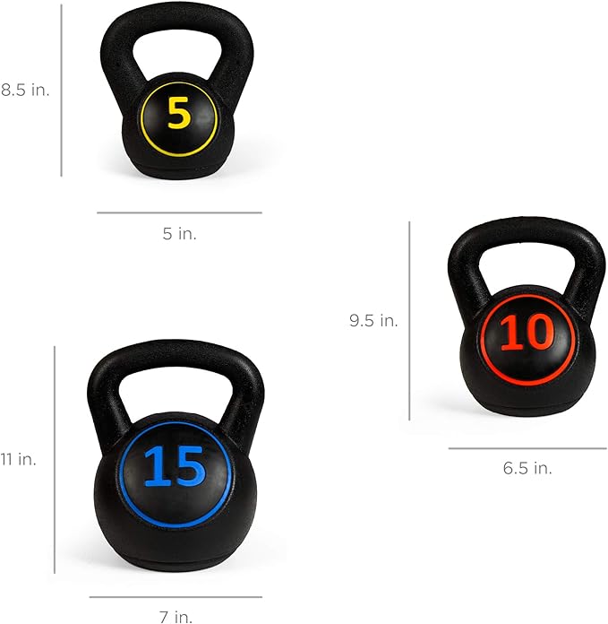 Best Choice Products 3-Piece Kettlebell Set with Storage Rack, HDPE Coated Exercise Fitness Concrete Weights for Home Gym, Strength Training, HIIT Workout 5lb, 10lb, 15lb
