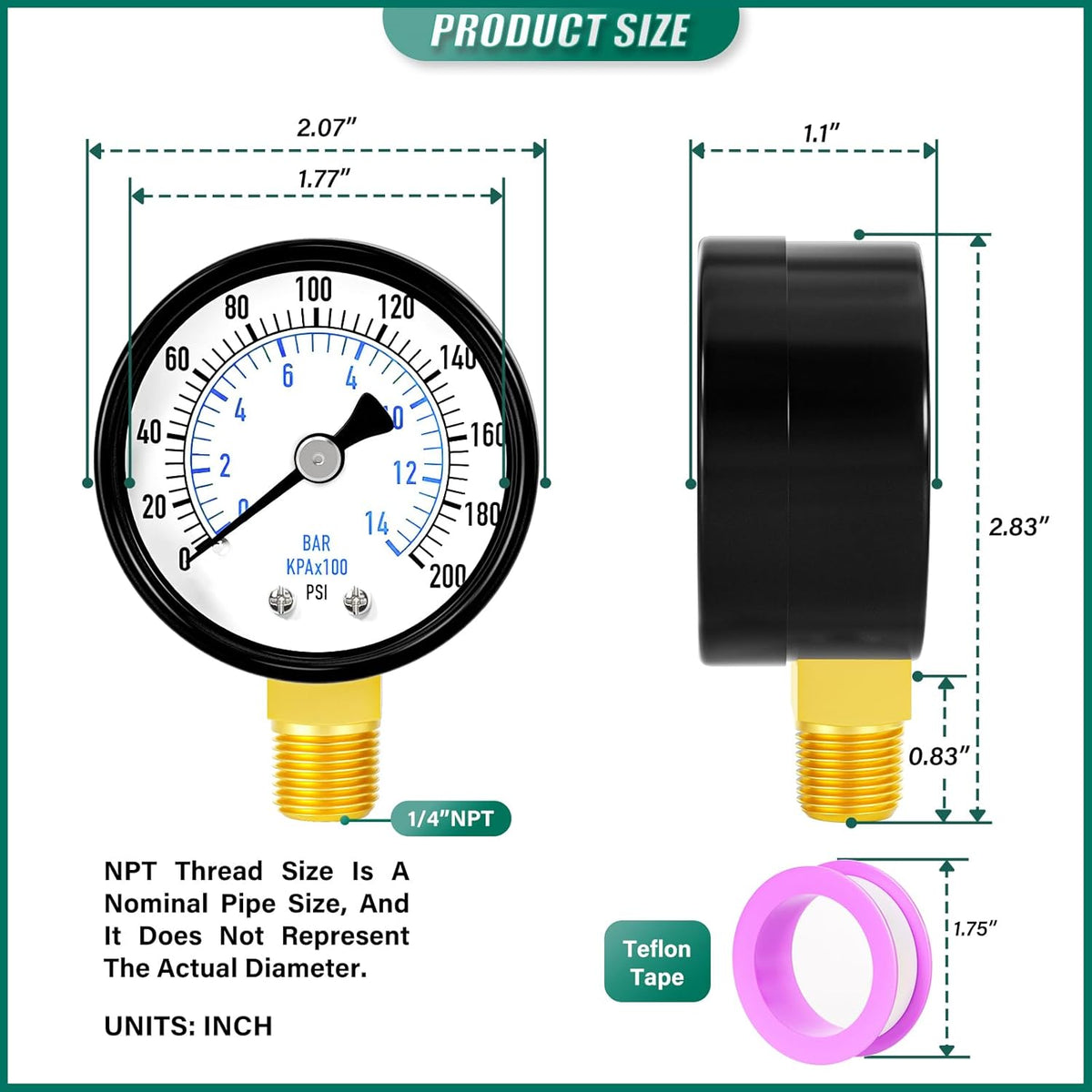 0-200psi Well Pump Pressure Gauge 1/4" NPT 2" Face Dial Size Lower Mount, Multifunctional Practical Dry Pressure Gauge, for Water, Oil and Air Compressor
