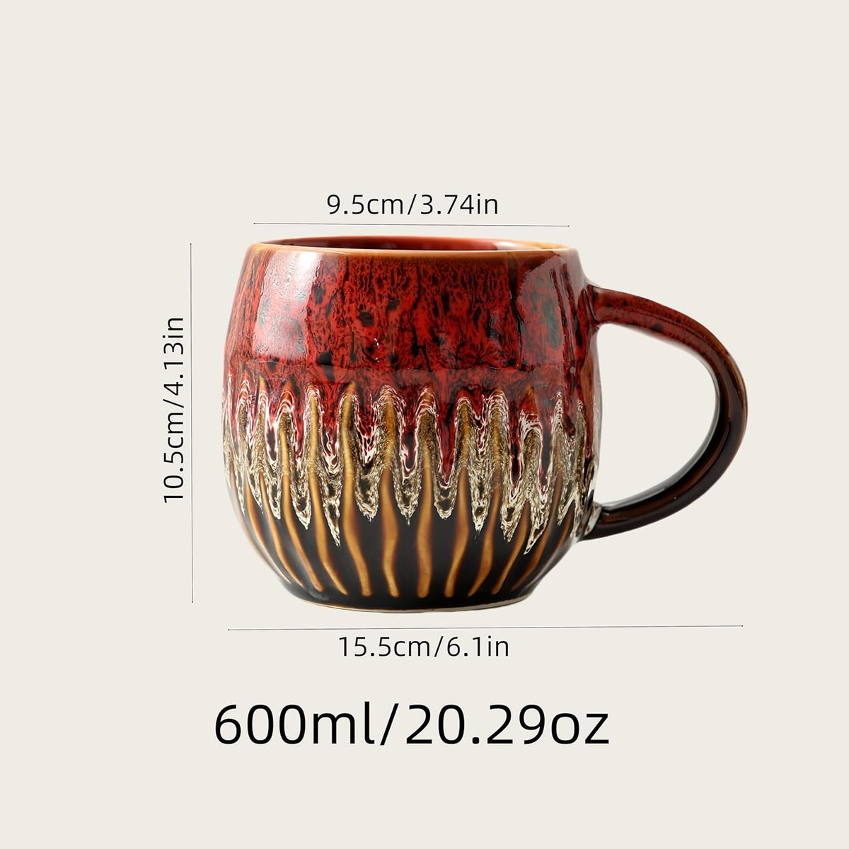 20oz Raku Glaze Coffee Mug - Unique Handcrafted Look Ceramic Cup, Large Tea Mug, Microwave & Dishwasher Safe (red)