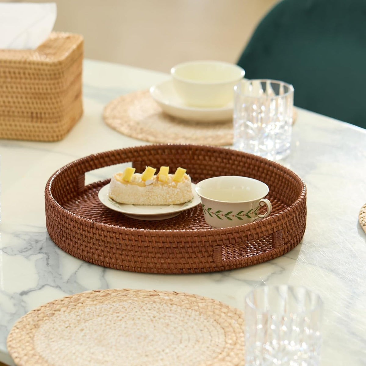 13.8 inch Round Rattan Tray, Decorative Coffee Table Tray, Ottoman Trays, Woven Serving Trays with Handles Wicker Serving Basket, Reddish-Brown