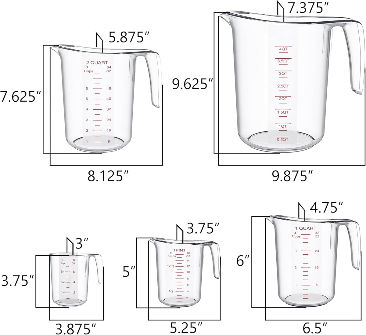 DaYammi Measuring Cups 5-Piece, Unbreakable Food-Grade Plastic Measuring Cup for Dishwasher, 1/2/4/8/16-Cup Nesting Liquid Measuring Cups for Prepping, Baking, Cooking, Readable Markings, Clear