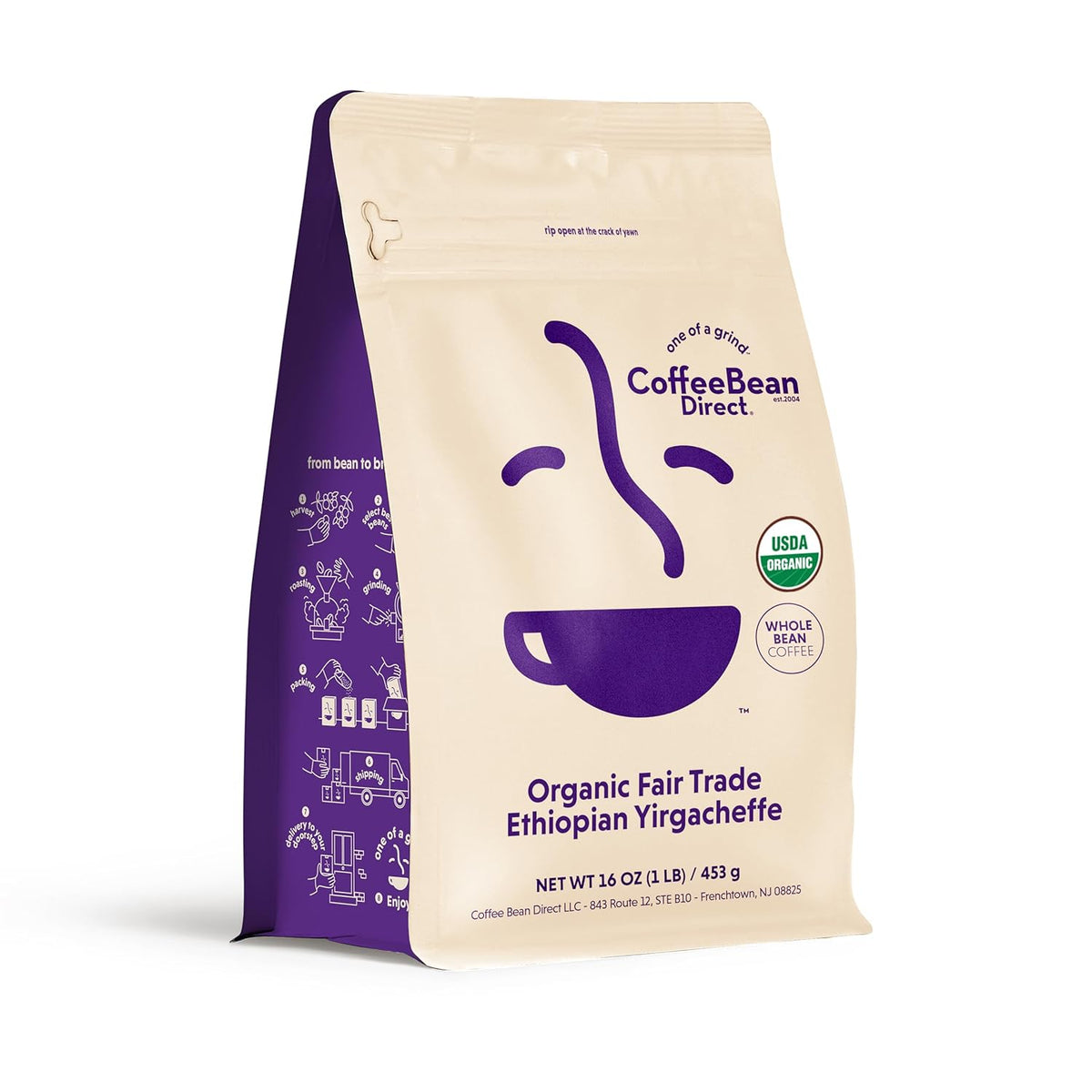 Coffee Bean Direct Organic Fair Trade Ethiopian Yirgacheffe, Whole Bean Coffee, Light Roast, 1 Pound Bag (Pack of 1)