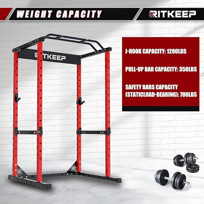 RitKeep Power Rack RMAX 2250 Multi-Function Power Cage for Strength Training - 1200lb Capacity Squat Rack with Multi-Grip Pull-Up Bar, Safety Bars, and J-Hook for Home Gym