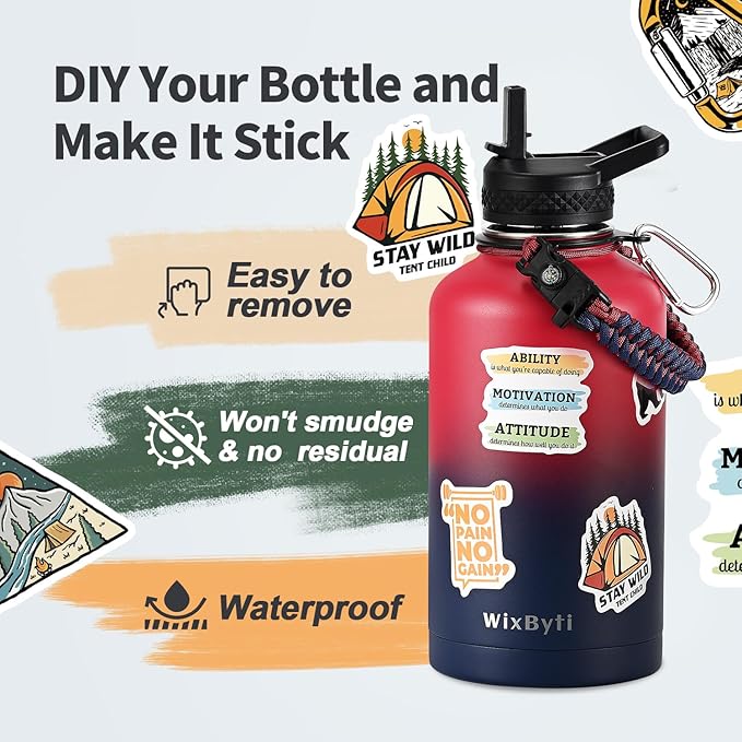 64 oz Insulated Water Bottle with Straw (Cold for 48 Hrs), Half Gallon Stainless Steel Triple Wall Vacuum Sports Water Jug, Leakproof Hydro Cup Flask with Straw Spout Lids & DIY Stickers
