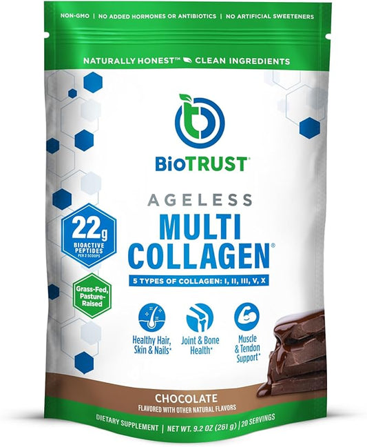 BioTrust Ageless Multi Collagen Peptides Powder – 5 Types (I, II, III, V, X) – Chocolate Collagen Powder for Women & Men – Hydrolyzed Protein – Grass Fed Beef, Fish, Chicken, Eggshell Membrane