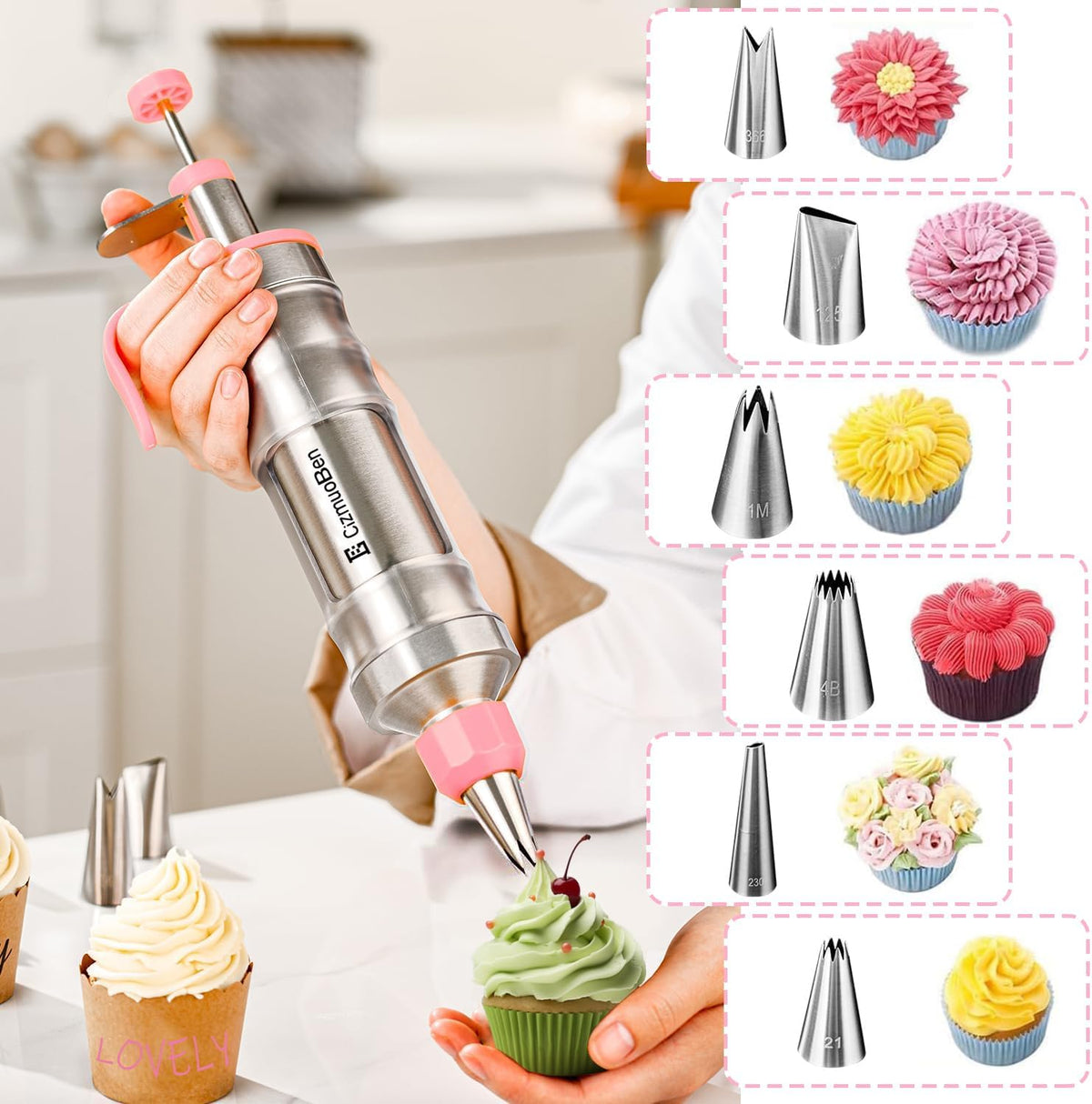 Dessert Decorating Syringe Set, Frosting Piping Kit icing piping kit Food Grade Stainless Steels (6 pro piping tips shooters 50 disposable piping bags) For Baking, Decorating Cupcake, Deviled Eggs