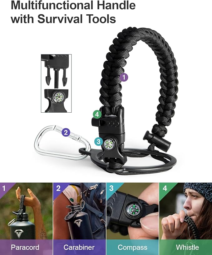 One Gallon Water Bottle,128oz Insulated Water Flask Stainless Steel Vacuum, Cold for 48 Hrs,BPA-Free & Leakproof -with Paracord Handle,Strap,Straw Spout Lids,Large Jug for Gym Sports,Black