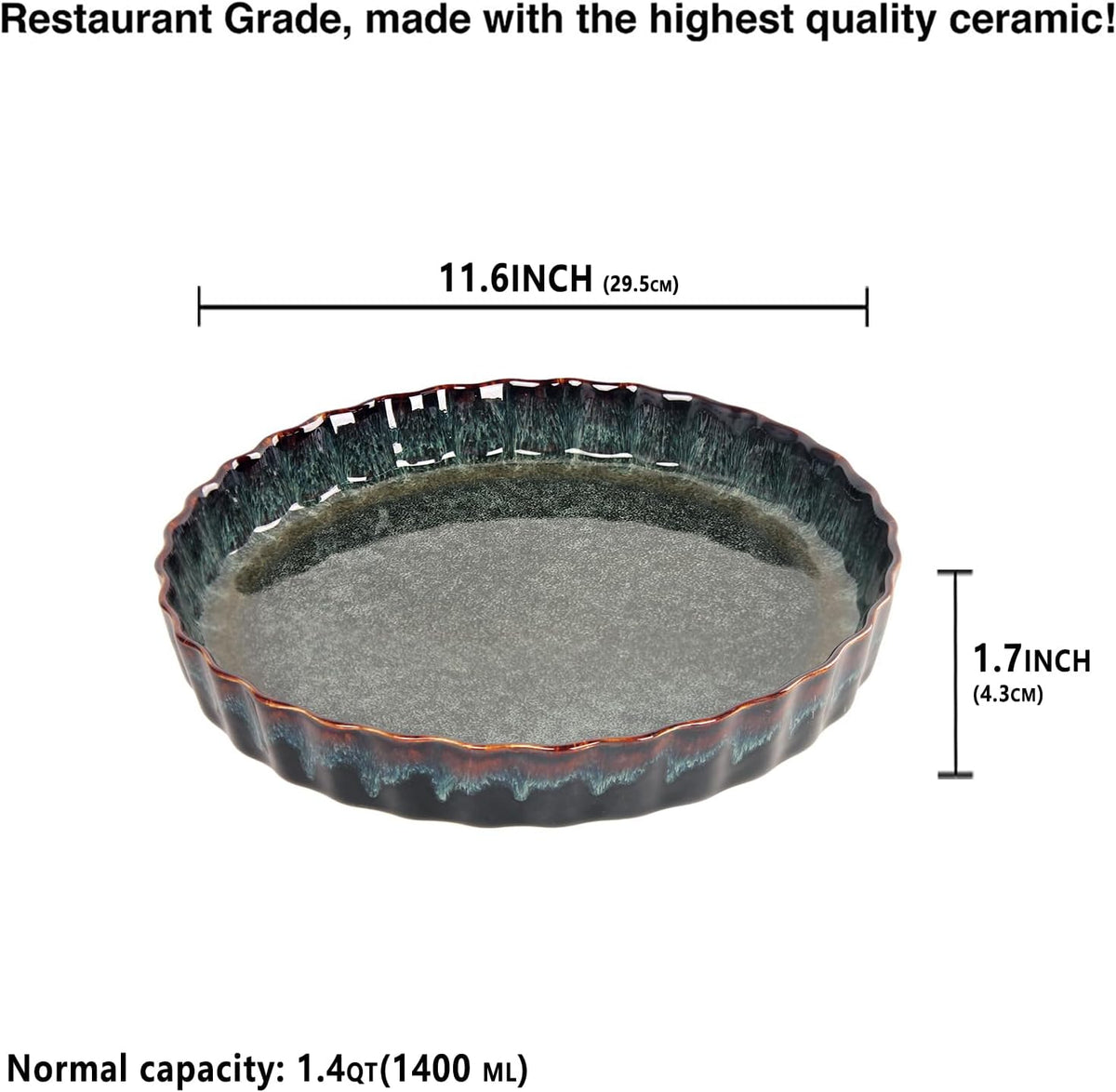 Ceramic Pie Pan Quiche Baking Dish, 11 Inch Round Ruffled Edge Au Gratin Baking Dishes, 1.4 Quart Non-Stick Pie Dish, Tart Pan, Pie Plate for Apple, Oven, Dishwasher and Microwave Safe