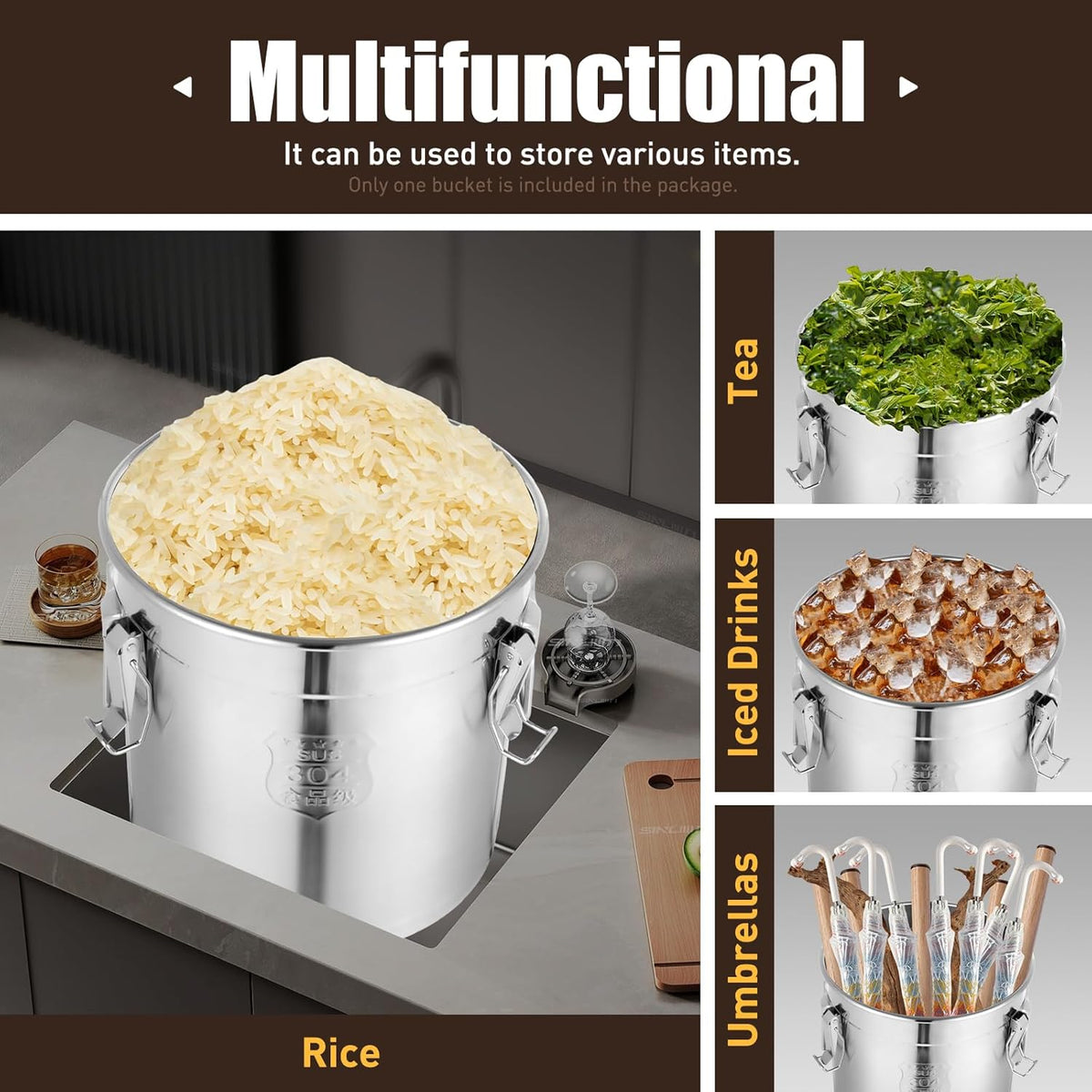 PERFERATE 304 Stainless Steel Airtight Canister 6L/12L Food Storage Bucket with Lids and Sturdy Locking Clamp Metal Cereal Rice Storage Container for Flour, Coffee Bean, Sugar, Cookie (33L)