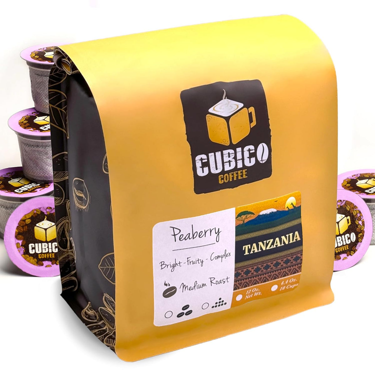 Tanzanian Peaberry Coffee, Single Serve Coffee Pods, Premium Tanzania Peaberry Single Origin Fresh Roasted Coffee | K-Cup Compatible Brewers | Cubico Coffee | 10 Count
