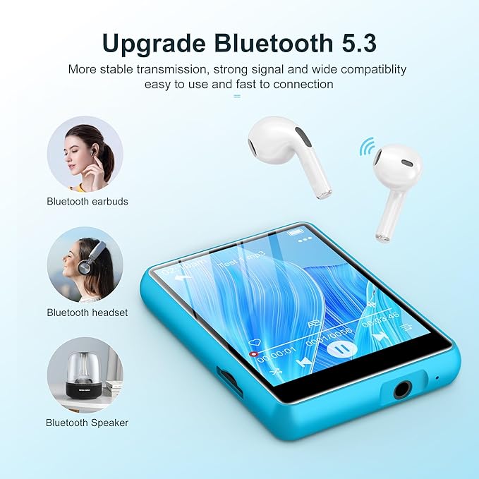64GB Mp3 Player with Bluetooth 5.3 Blue, SWOFY M4 Music Player with 2.4" Touch Screen, HD Speaker FM Radio, Recording Support up 128GB