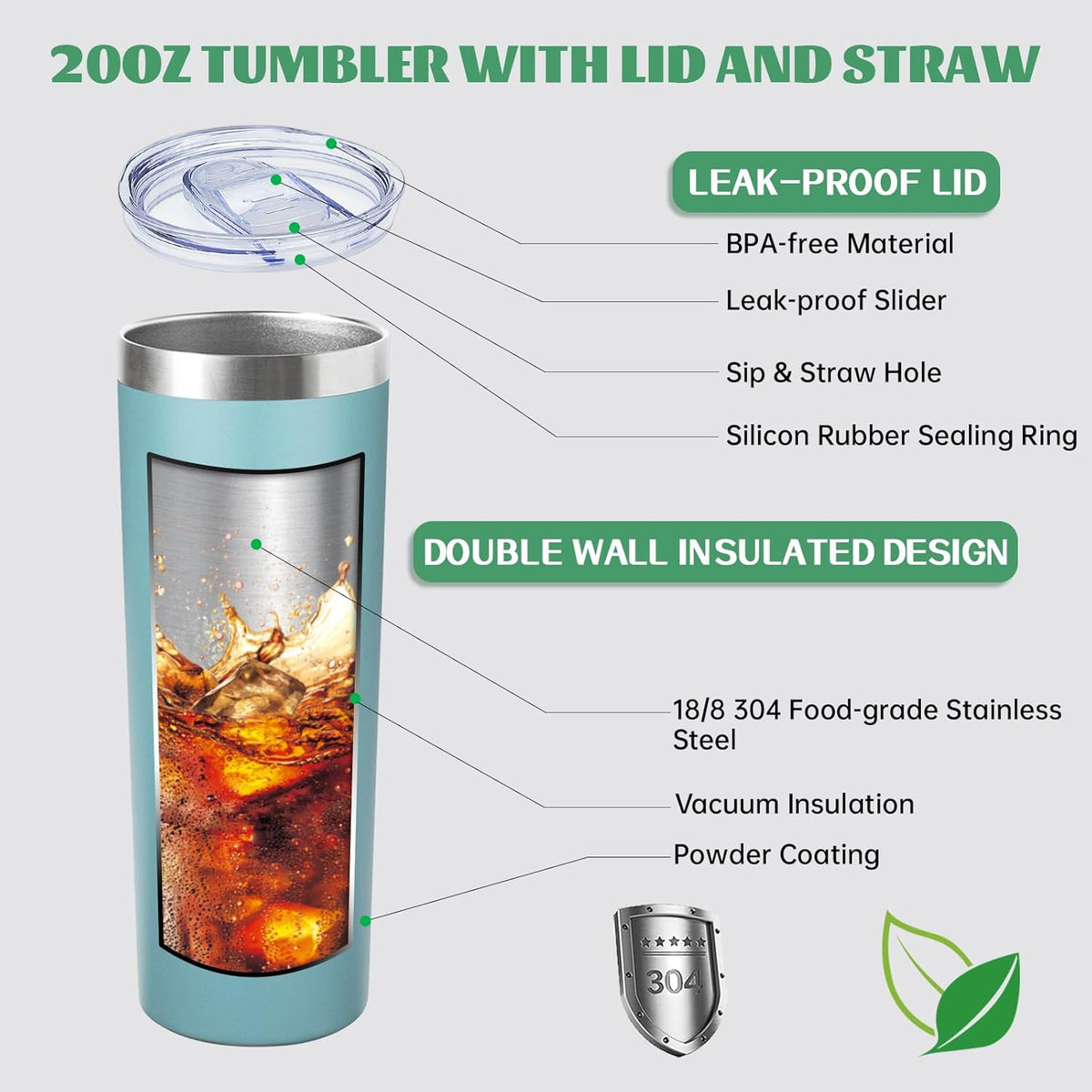 20 oz Skinny Tumbler with Lid and Straw,Stainless Steel Vacuum Insulated Tumbler Cup Double Wall Leak-proof Coffee Mug,Travel Thermal Water Tumbler for Home,Office,Outdoor (Glacier blue,1)