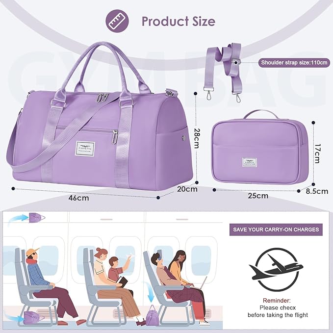FIORETTO Womens Gym Tote Duffle Bag with Toiletry Bag, Sports Duffel Overnight Hospital Workout Carry on Bag for Girls with Wet Pocket & Shoe Compartment, Ideal for Travel, Swimming, Dance Purple