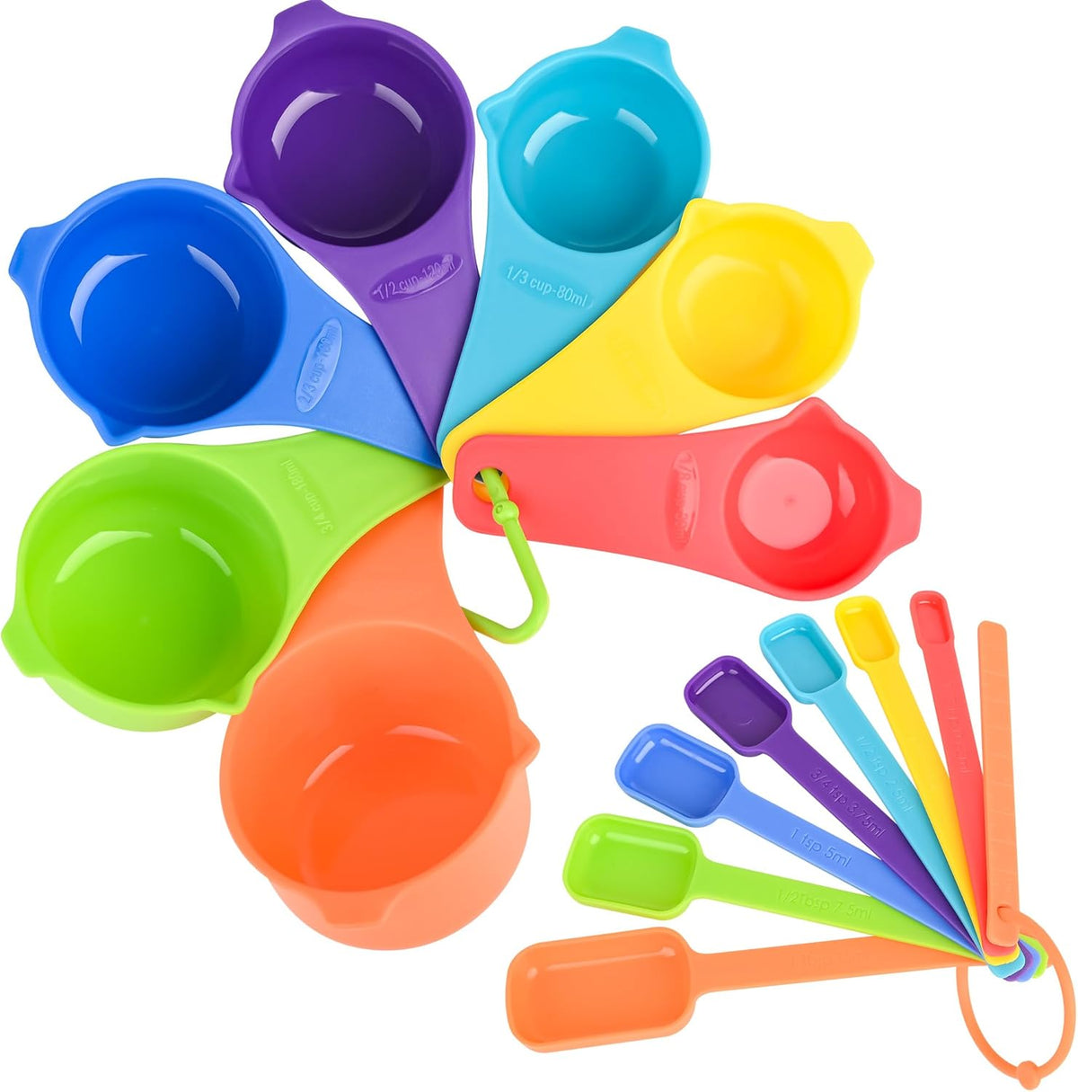 Measuring Cups and Spoons Set 15, 7 Plastic Measuring Cup Set, 7 Spice Long Handle Measuring Spoons with 1 Leveler for Kitchen and Baking, Dry Metric Measure Cups & Spoons Mixing Random Color