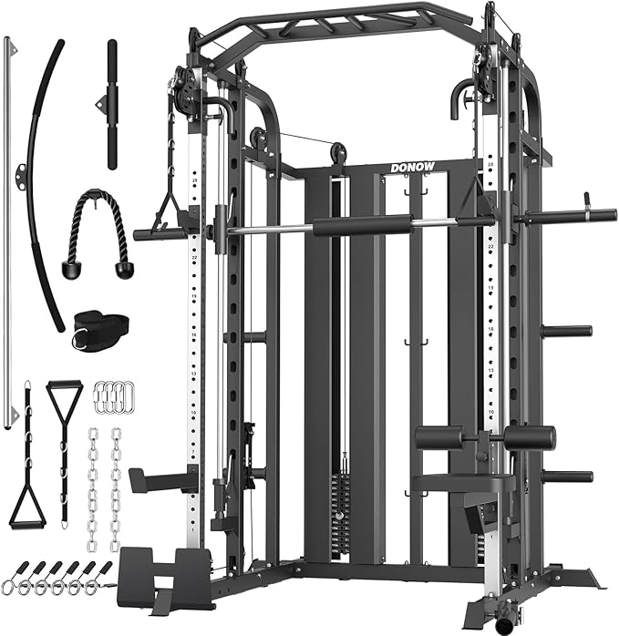 DONOW Smith Machine with Weight Stacks Power Cage Squat Rack Dual Cable Crossover Machine Home Gym Systems Station LAT Pull Down