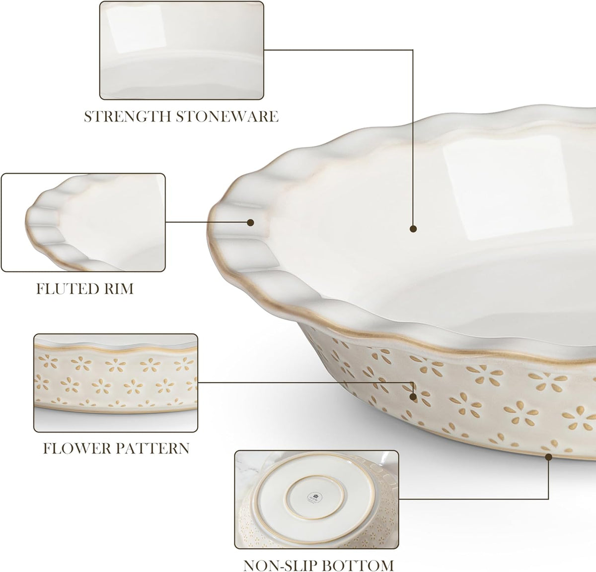 MALACASA Pie Pan, Stoneware Pie Dish for Baking, 45 OZ Deep Dish Pie Pans 9 Inch, Embossed Quiche Baking Dish for Oven, Fluted Dish Pie Plate for Apple Pie, Pot Pie and Quiche, Set of 1, Series LYDIA