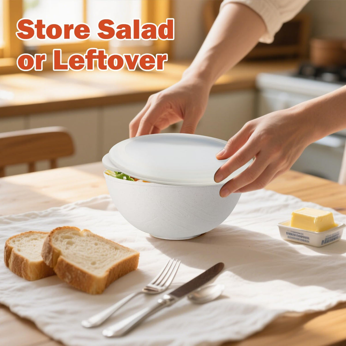 alternative plastic bowl set with lids,unbreakable wheat straw bowls 40oz suitable for indoors and outdoors,overnight foods container with cover. White