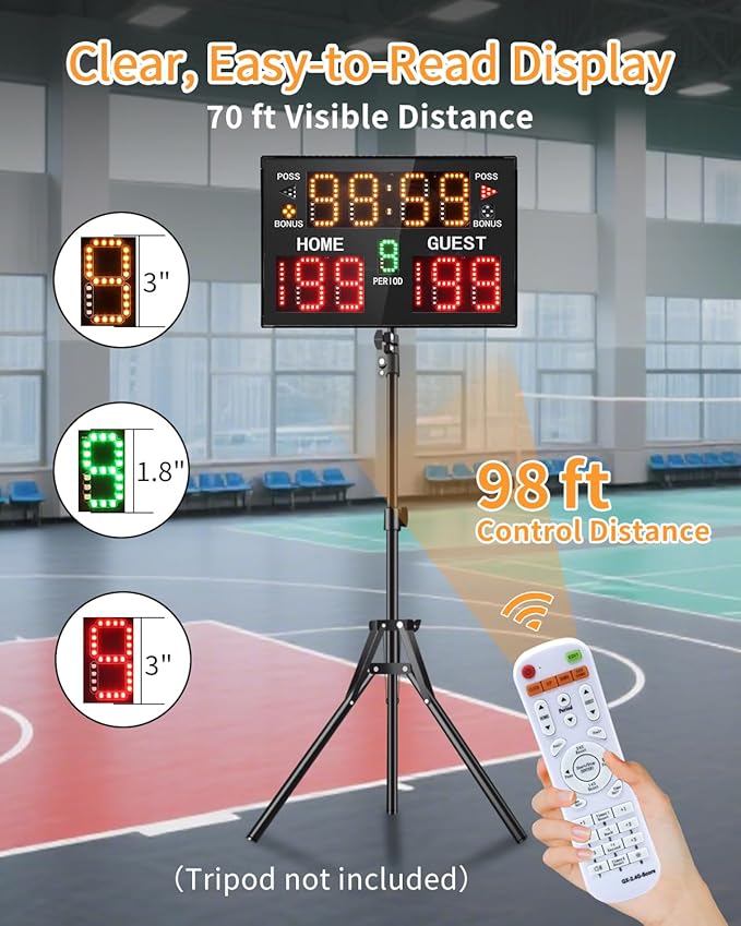 Basketball Digital Scoreboard with Remote,Battery Powered Portable Tabletop Electronic Scoreboard with 75dB Buzzer,Countdown Timer & Score for Games