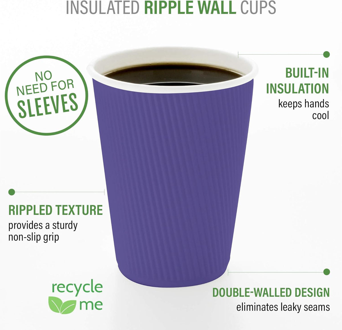 Restaurantware-4 Ounce Ripple Insulated Coffee Cups, 500 Double Wall Corrugated Coffee Cups - Leakproof, Non-Slip, Royal Purple Paper Ribbed Coffee Cups, Recyclable, Matching Lids Sold Separately