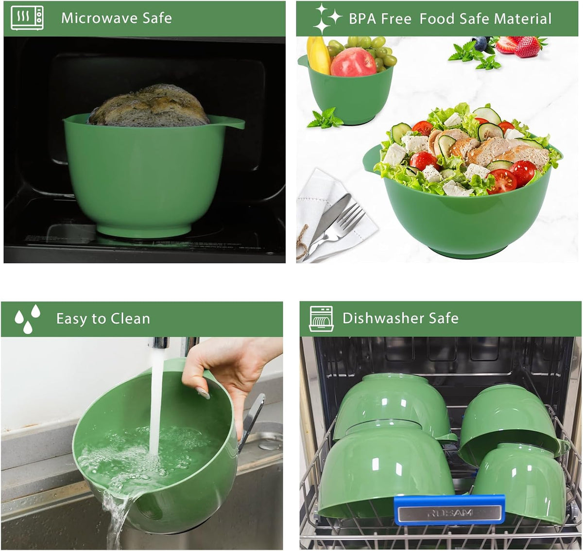 BoxedHome 4 Quart Large Plastic Mixing Bowls, Microwave Safe Mixing Bowl Set with Pour Spout, Nesting Bowls for Space Saving Storage(Grass Green)