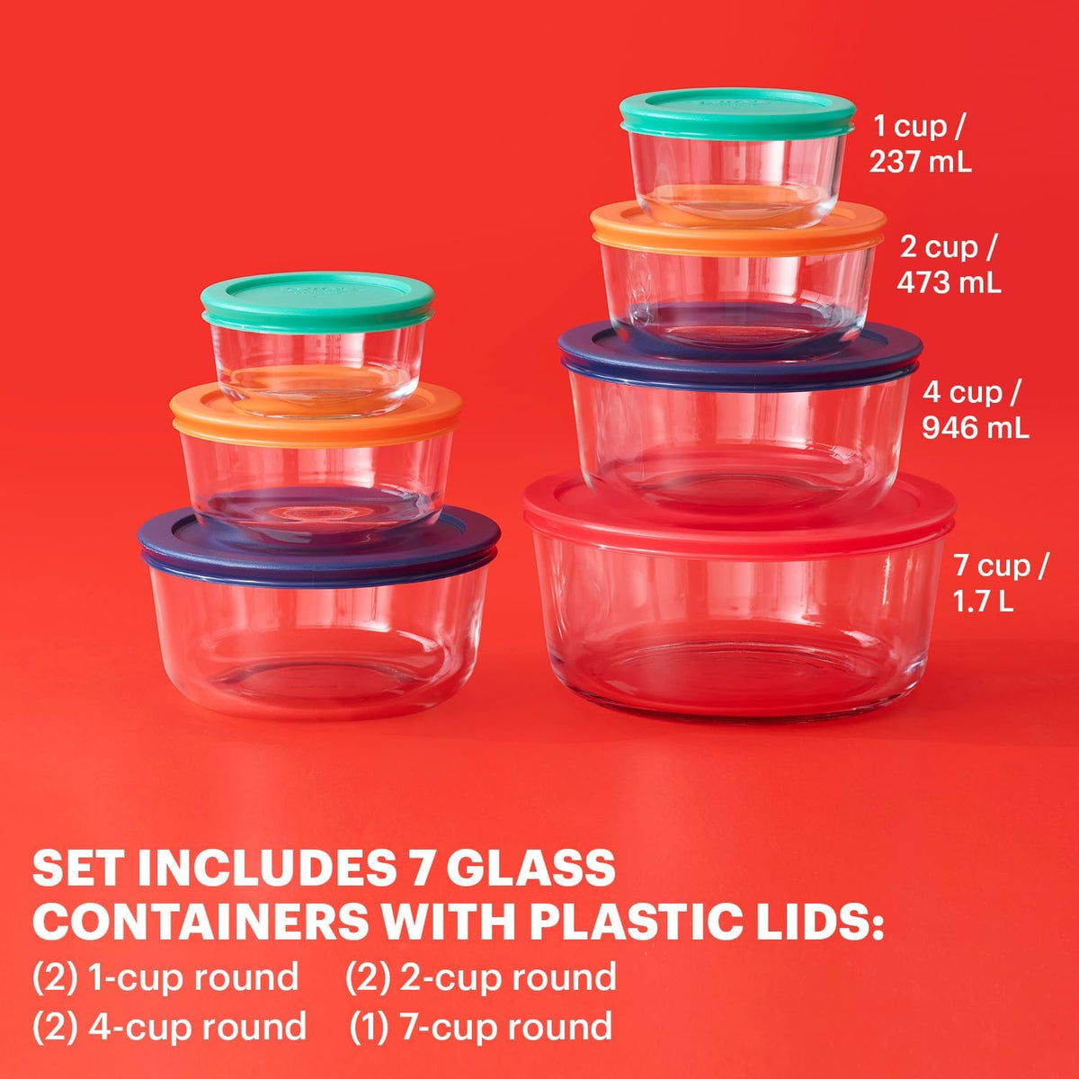 Pyrex Simply Store (7-Pack) Glass Food Storage Containers Set, (1, 2, 4 & 7 Cup) Meal Prep Containers With BPA-Free Lids, Dishwasher & Microwave Safe