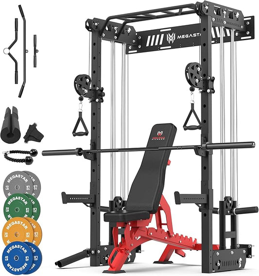 Wall Mounted Power Rack – 1600LB Capacity Compact Commercial Home Gym with Dual Cable Crossover, LAT Pulldown, Multi-Grip Pull-Up Bar & Landmine Attachment for Small Spaces, P67 Striker Red
