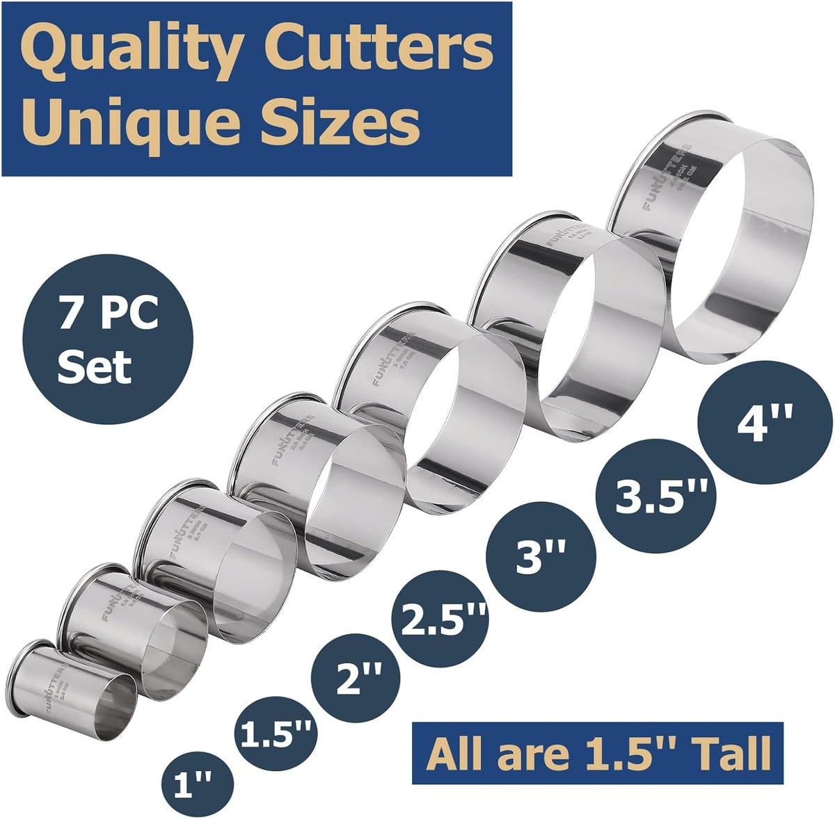 Cookie Cutters Set, 7 Pc. Kit, Measuring 1'', 1.5'', 2'', 2.5'', 3'', 3.5'', and 4'', Round Metal Baking Rings for Pastry, Biscuits, and Dough Cutting, Heavy Duty and Reusable, Multiple Sizes