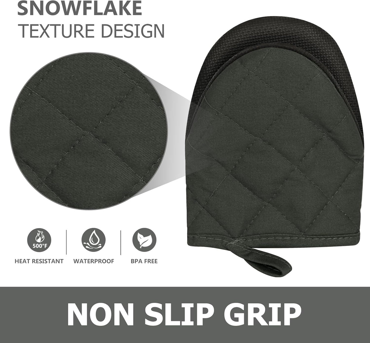 1 Pair Short Oven Mitts, Heat Resistant Silicone Kitchen Mini Oven Mitts for 500 Degrees, Non-Slip Grip Surfaces and Hanging Loop Gloves, Baking Grilling Barbecue Microwave Machine Washable (Gray)