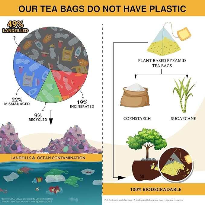 BREWIX, Turmeric Ginger Herbal Tea Bags (50 Pyramid Tea Bags) Caffeine-Free Ayurvedic Blend for Daily Wellness & Immune Balance | Daily Wellness Ritual | Gluten Free | Real Ingredients From India