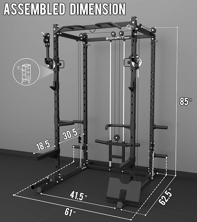 Eonfit E2 Power Cage，1500LB Squat Rack with Cable Crossover System.Multi-Function Power Rack for Home Gum.All-in-One Squat Rack with More Training Attachments