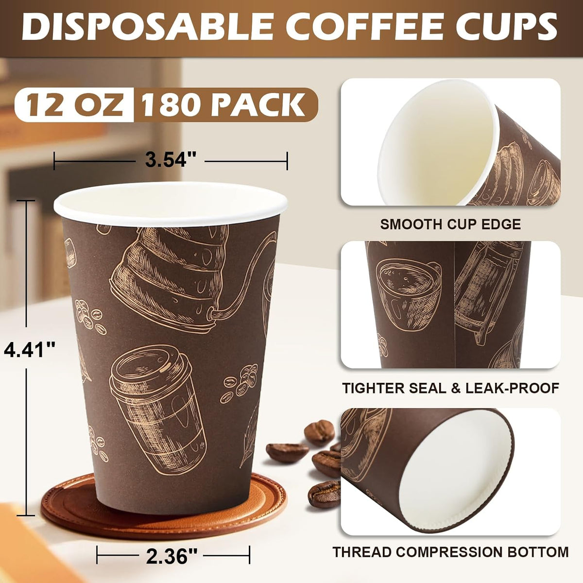 Coffee Cups 12 oz Paper Cups 180 Pack, Thickened Paper Coffee Cups Disposable 12 oz Coffe Cup, Hot/Cold Beverage Drinking Cup for Office, Home, Party