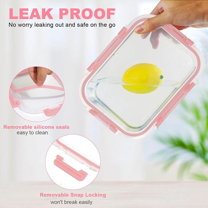 30 Pieces Glass Food Storage Containers Set, Meal Prep Containers Set with Snap Locking Lids, Airtight Glass lunch Containers, Microwave, Oven, Freezer & Dishwasher,Pink