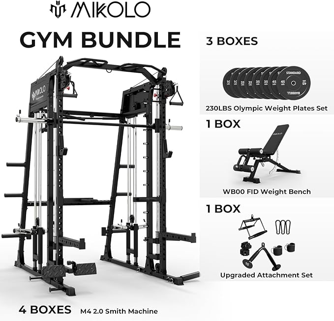 Mikolo Smith Machine, 2200lbs Squat Rack with LAT-Pull Down System & Cable Crossover Machine, Training Equipment with Leg Hold-Down Attachment