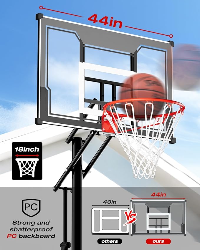 Basketball Hoop Outdoor with 45 Inch Shatterproof Backboard, Portable Basketball Goal System 4.8-10ft Height Adjustable for Kids, Youth, Adults, Backyard/Driveway/Indoor