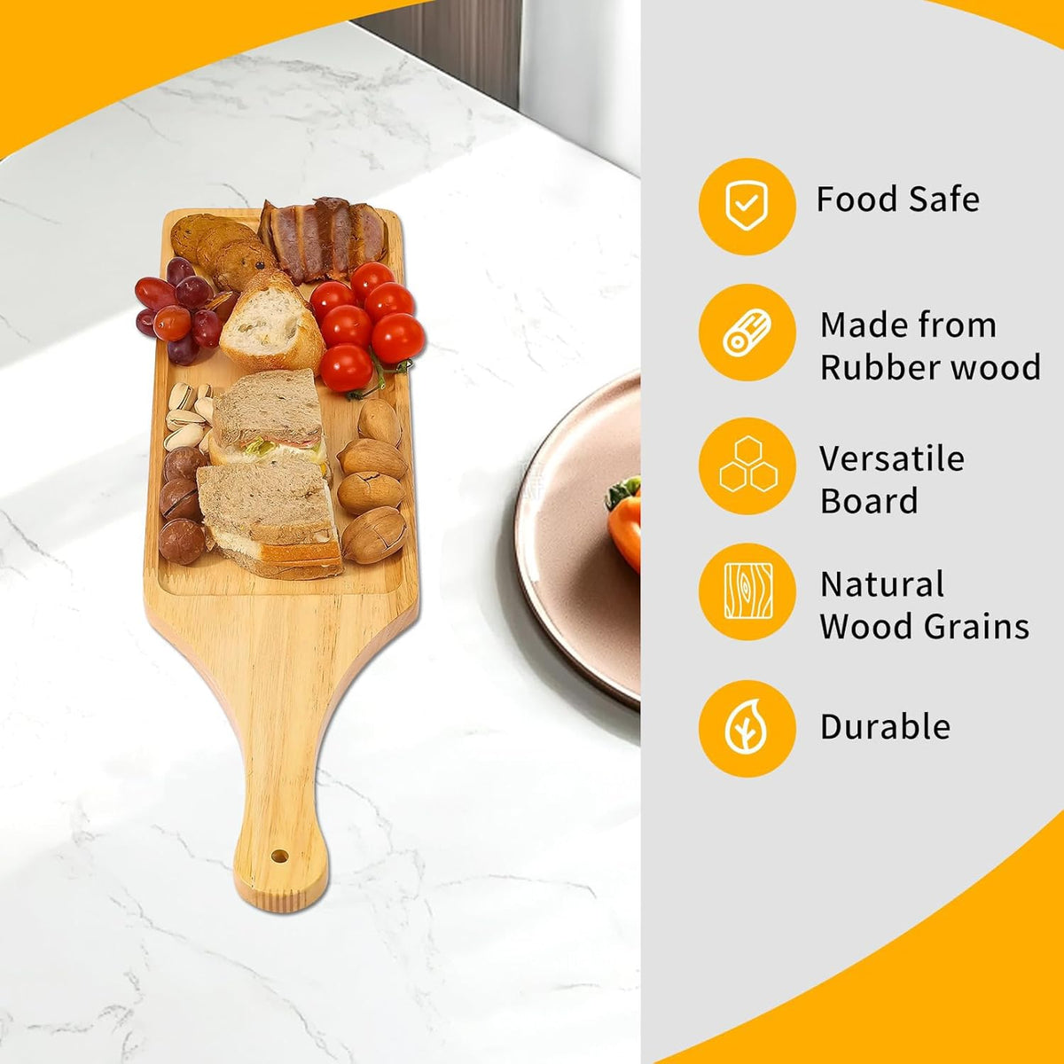 Premium Rubberwood Charcuterie Board with Handle – Durable Wooden Serving Platter for Cheese, Meat, and Appetizers – Perfect for Entertaining, Parties, and Gifts