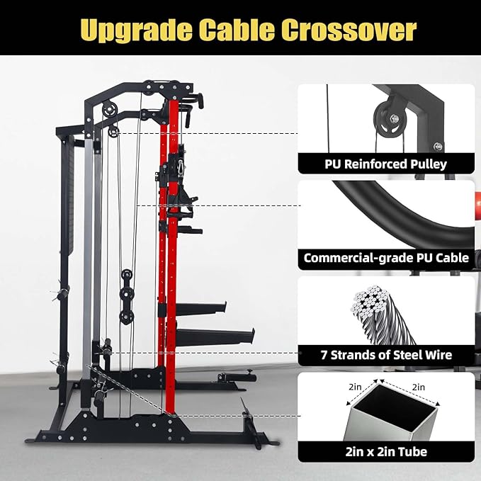 Power Cage, Squat Rack with Cable Crossover and Dual Independent Pulley System, 2000LB Capacity Workout Cage with More Training Attachments, Power Rack for Home Gym