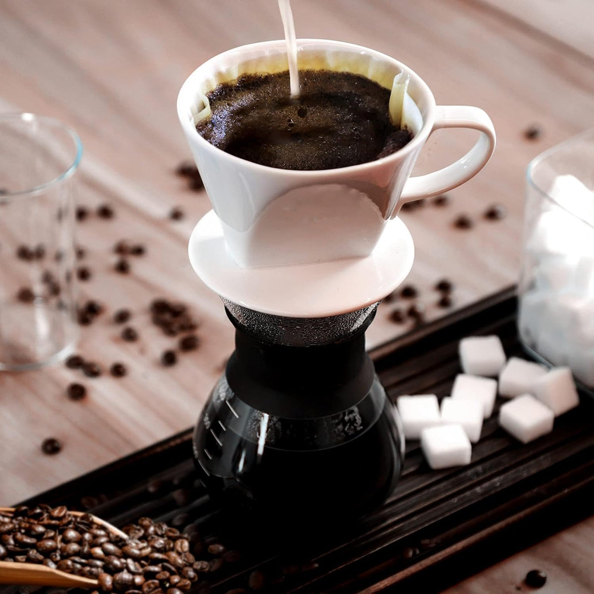 Pour Over Ceramic - Coffee Dripper with 3 Holes Flat Bottom, Porcelain Slow Filter Cone for Travel, Camping, Office, Home, Coffee Maker Brew