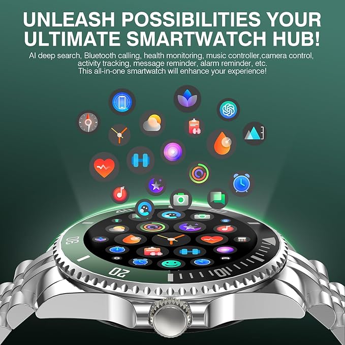 AI Smart Watch, DA GPT AI Waterproof Smartwatch, 1.19-inch AMOLED Display, 24/7 Heart Rate, Blood Oxygen, Blood Pressure, Sleep Monitor, 107 Sports Modes, Compatible Android and iOS Silver Green