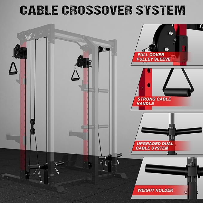 Power Cage, 2000LBS Multi-Function C21 Power Rack with Dual Pulley Cable Crossover System, All-in-One Squat Rack with More Training Attachments