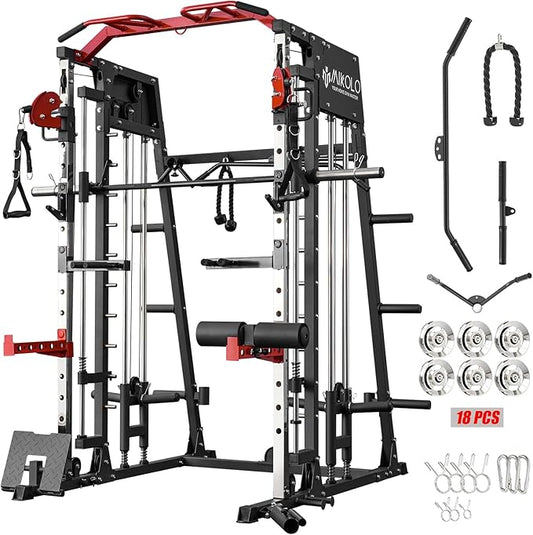 Mikolo Smith Machine, 2200lbs Squat Rack with LAT-Pull Down System & Cable Crossover Machine, Training Equipment with Leg Hold-Down Attachment