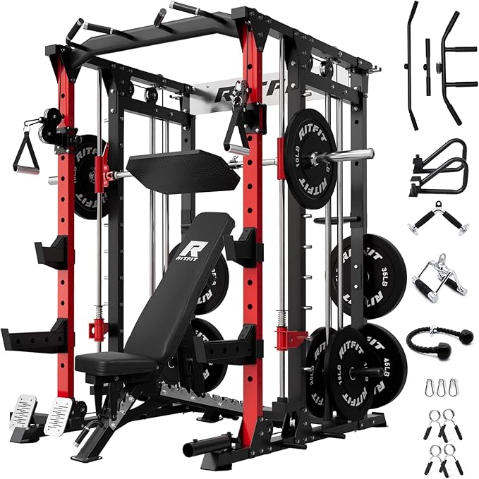 RitFit Buffalo Smith Machine, Power cage with LAT-Pull Down System & Cable Crossover System, All-in-One Squat Rack for Home Gym, Power Rack