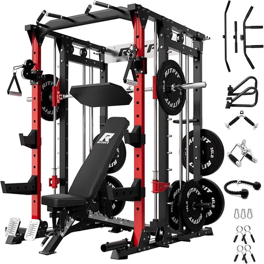 RitFit Buffalo Smith Machine, Power cage with LAT-Pull Down System & Cable Crossover System, All-in-One Squat Rack for Home Gym, Power Rack