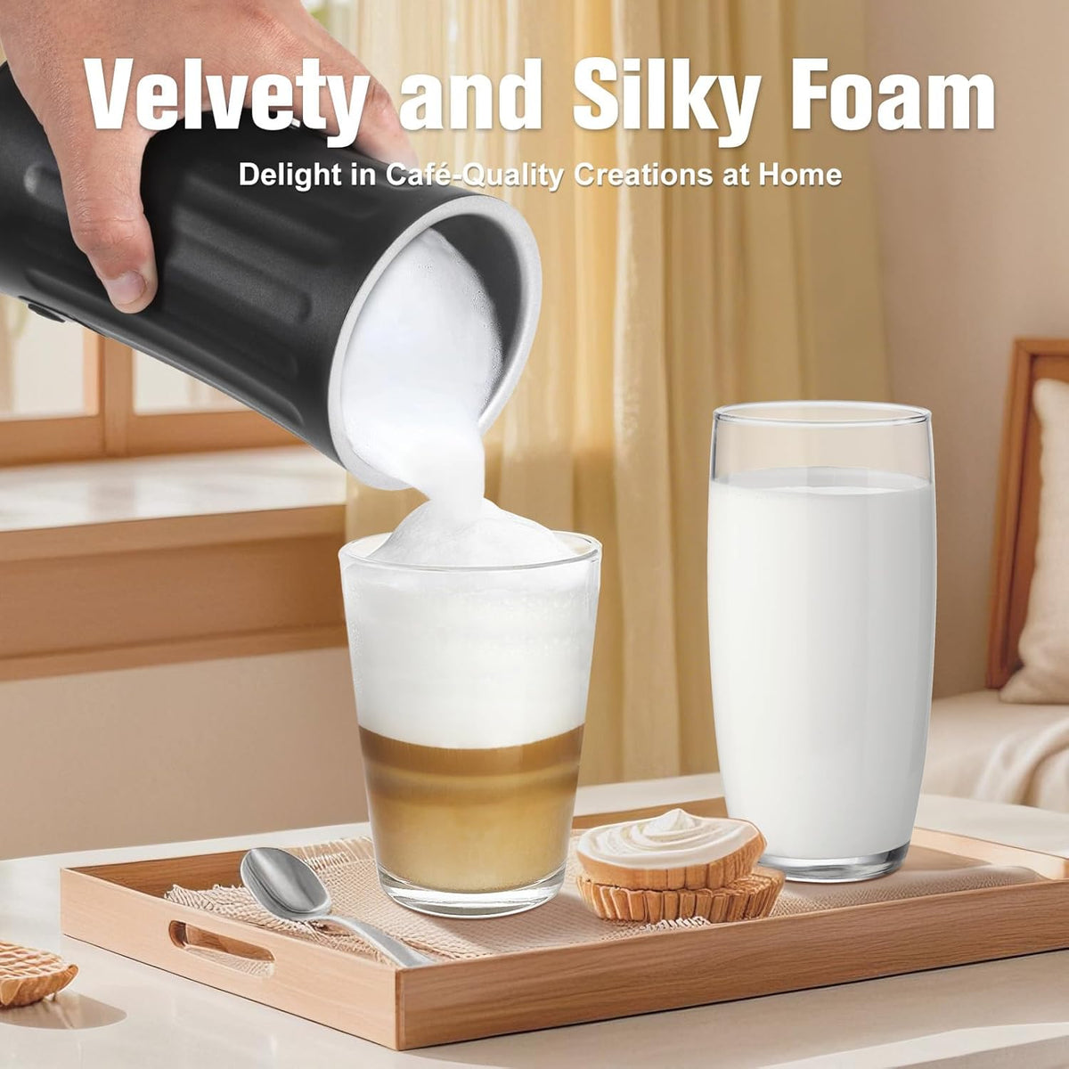Electric Milk Frother, 4-in-1 Milk Steamer and Frother, 8.1oz/240ml Automatic Warm and Cold Foam Maker, Auto Shut-Off Frother for Coffee, Latte, Cappuccino, Macchiato(Black)