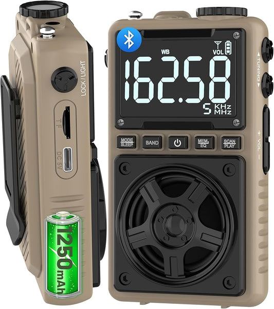Bluetooth AM FM Shortwave Radio with NOAA Weather Alert,1250mAh Rechargeable Portable Pocket Radio with Best Reception,5W Big Speaker, Digital Tuner and Earphone,Support SD Card and USB Player（Brown）